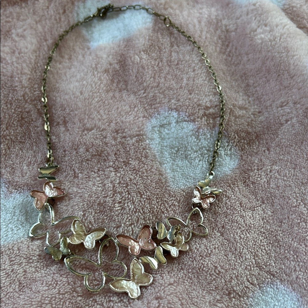 Elegant Butterfly Necklace in Gold and Pink